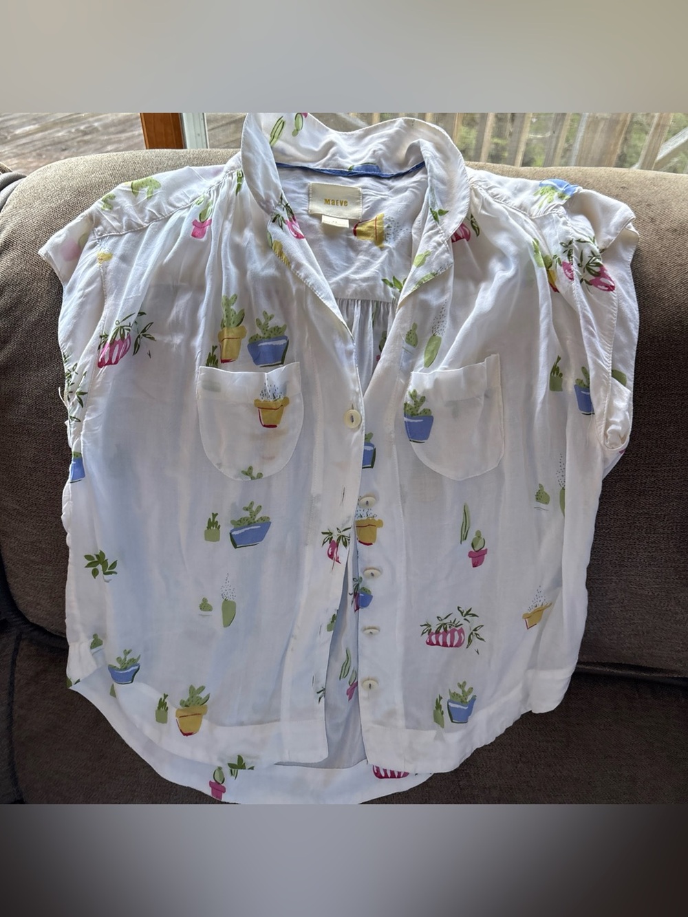 Maeve Anthropologie Potted Plant Cactus Print Button Down Boxy Shirt Xs Spring